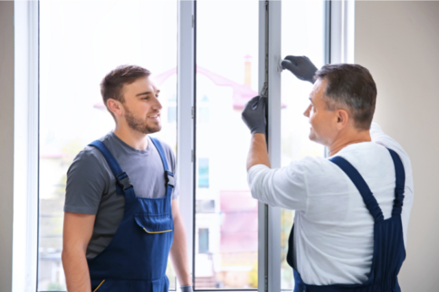 Construction Worker with Trainee Installing Window in House